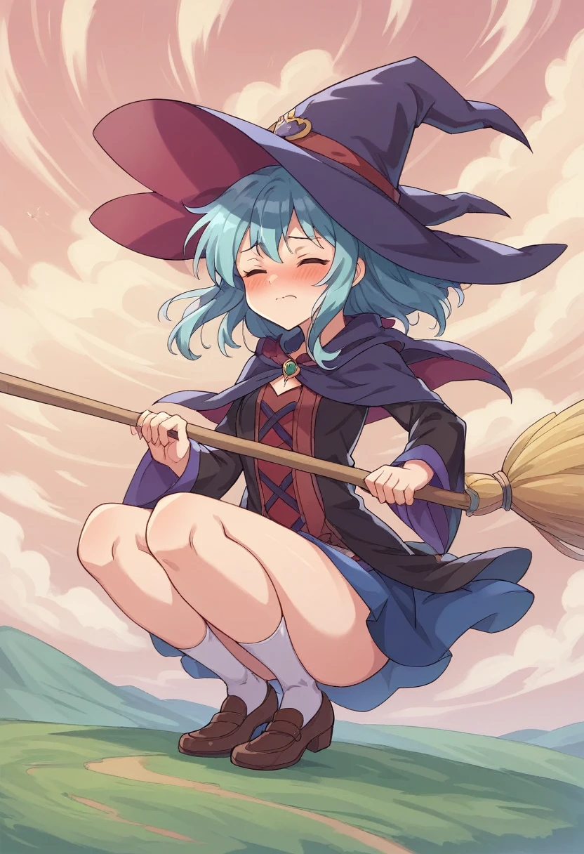 ((((空を飛ぶwitch))),((Ride a broom)),Straddling a broom,Fantasy,Beautiful light and shadow,Anatomically correct,masterpiece,Highest quality,最高masterpiece,8K,Use of magic,witch:witchの帽子:witchの衣装:Familiar,Wind,Fantasy,wonderful,An illustration,Digital Art,wonderful,wonderful,カラーAn illustration,Rich colors,Blushing,Eyes closed,Mouth closed,Holding the end of the broom tightly with both hands,slightly squatting,Both feet are on the ground,Both feet are wearing shoes