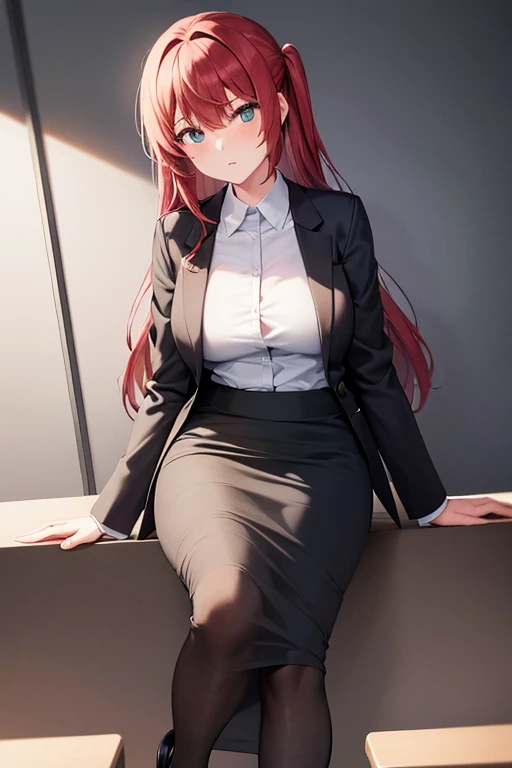 ((masterpiece, best quality)), highres, business woman who is sleepy and tired, blush, business suit, black midi pencil skirt, medium length skirt, pink dress shirt, purple hair, office building, office desk, sitting on chair by desk, (drooling), (saliva, saliva string), desk is cluttered with papers, hands resting on desk