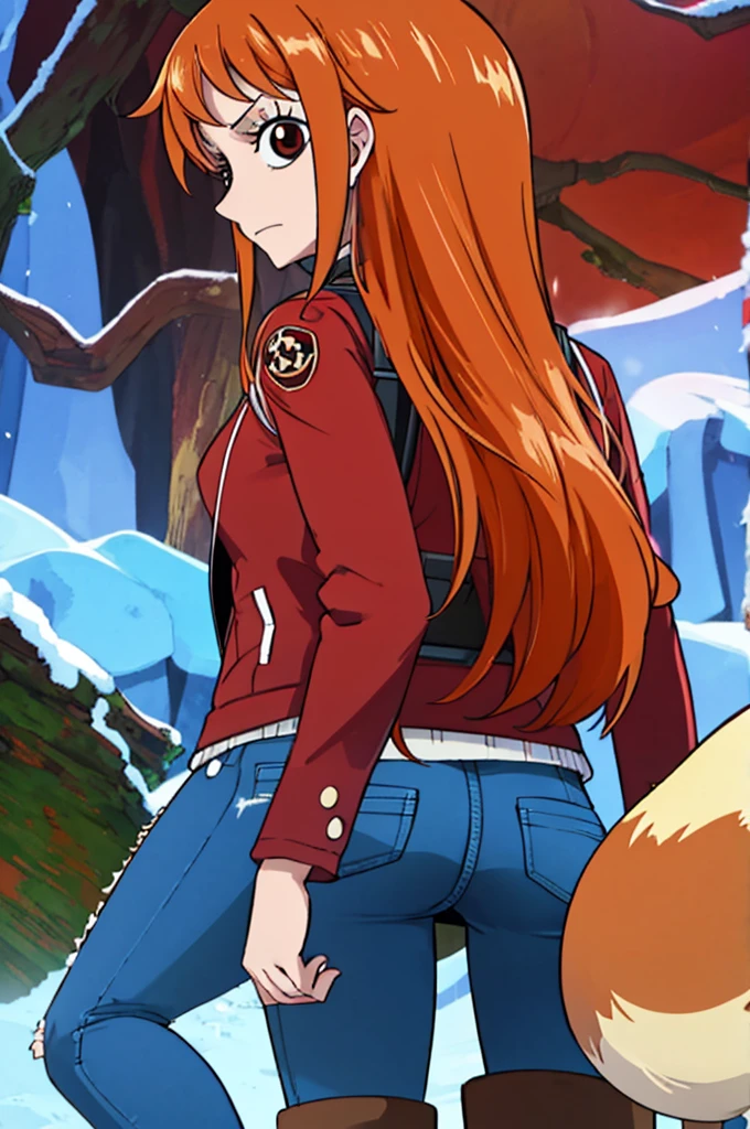 best qualityer, one piece, red fox, Woman, cauda de red fox, orelha de red fox, jeans jacket, red backpack on the back, denim skirt, black boot, eyes browns, chestnut hair