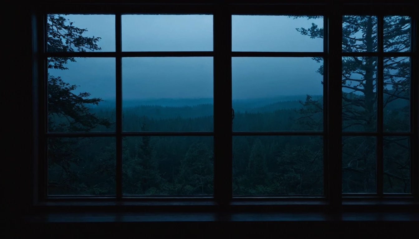 view from a full window of a dark room at night and outside a dark misty forest