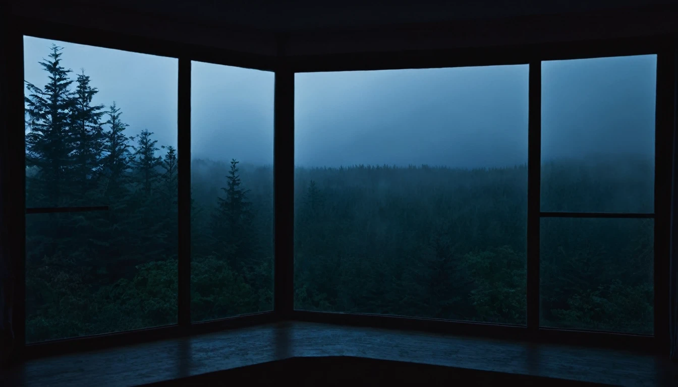 view from a full window of a dark room at night and outside a dark misty forest