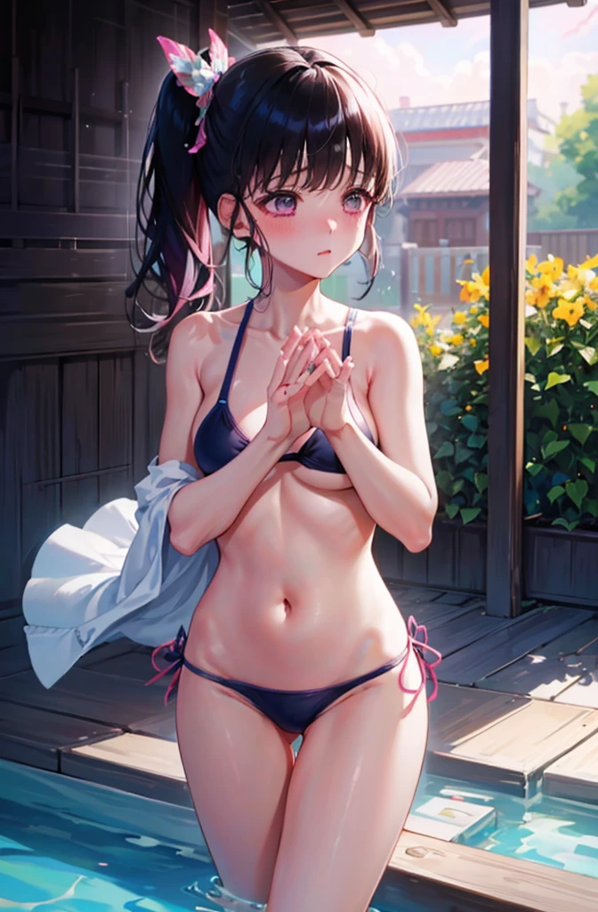Random pose、Floral bikini、Yellow floral bikini、Random pose、cowgirl position、、cowgirl position、、Hide your with your hands、Blushing、Embarrassed expression、、Not wearing a bra、Black Hair、Side Ponytail、Pale purple eyes、、Blushing、lipstick、Perfect hands、Detailed hands、Poolside