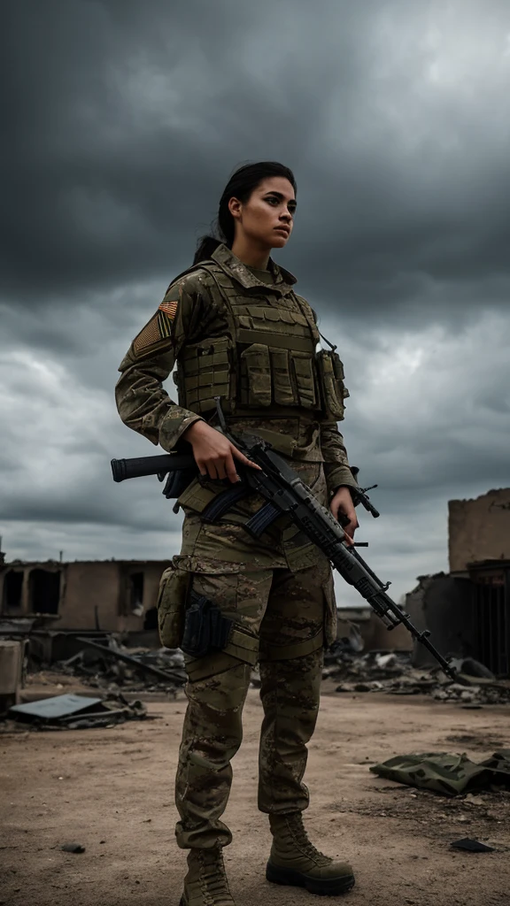 a military female soldier, tactical gear, assault rifle, camouflage uniform, serious expression, strong pose, war-torn environment, ruined buildings, cloudy sky, cinematic lighting, moody atmosphere, highly detailed, photorealistic, 8k, masterpiece