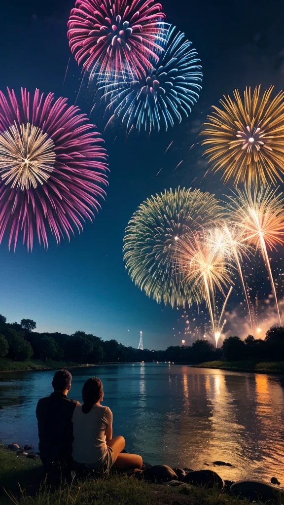 people sitting by a river bed with grass watching fireworks go off in the night as the fireworks reflect in the river