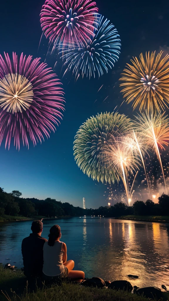 people sitting by a river bed with grass watching fireworks go off in the night as the fireworks reflect in the river 