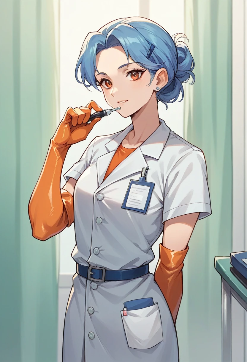 1girl, ((orange elbow gloves)), ((surgical gloves)), ((latex gloves)), ((long sleeves)) ((blue surgeon outfit)), looking at viewer, ((doctor)), standing, solo