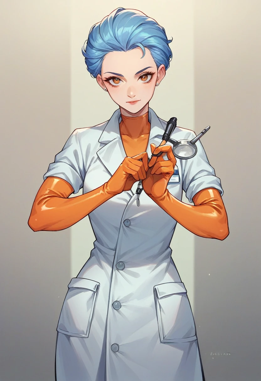 1girl, ((orange elbow gloves)), ((surgical gloves)), ((latex gloves)), ((long sleeves)) ((blue surgeon outfit)), looking at viewer, ((doctor)), standing, solo