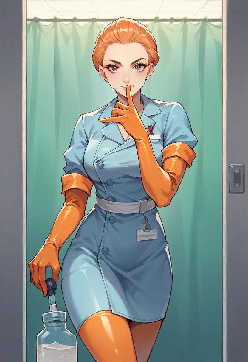 1girl, ((orange elbow gloves)), ((surgical gloves)), ((latex gloves)), ((long sleeves)) ((blue surgeon outfit)), looking at viewer, ((doctor)), standing, solo