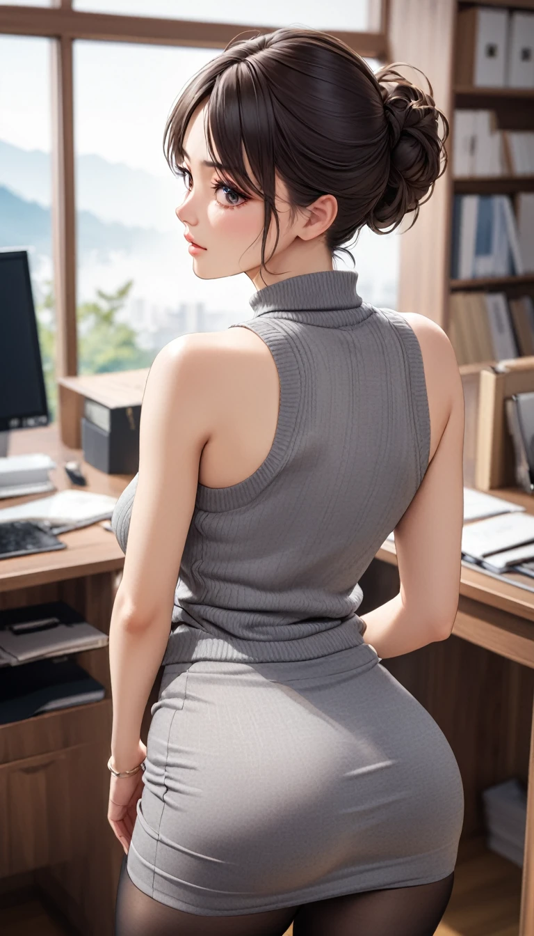 masterpiece, High resolution, perfect face, beauty of japan, 30 years old, beautiful face, office, sleeveless sweater, mini pencil skirt, tights, embarrassed look, look at the camera, top quality eyes, detailed texture, look at the camera, medium tits, Married woman, cool women, high resolution eyes, back, ass, panchira