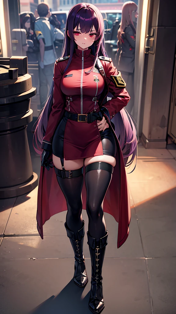 ((Highest quality)), ((masterpiece)), (Familiar), Hazy, Female,Mature Woman,Purple Hair, short hair, Low Ponytail, eye shadow, lipstick, Red eyes,Red Shirt,Red and black jacket,Large Breasts,{Erect nipples},Cleavage, White tight skirt,Red Heels