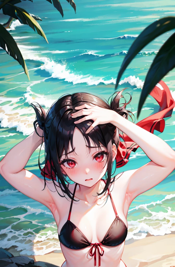 Bikini、Black Hair、Random pose、Red ribbon、Pale red eyes、Ocean、Sandy Beach、Blushing、Embarrassed expression、