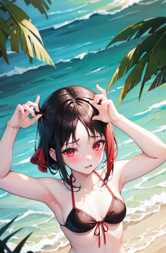 Bikini、Black Hair、Random pose、Red ribbon、Pale red eyes、Ocean、Sandy Beach、Blushing、Embarrassed expression、