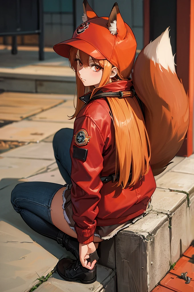 best qualityer, one piece, red fox, Woman, cauda de red fox, orelha de red fox, jeans jacket, red backpack on the back, denim skirt, black boot, eyes browns, chestnut hair