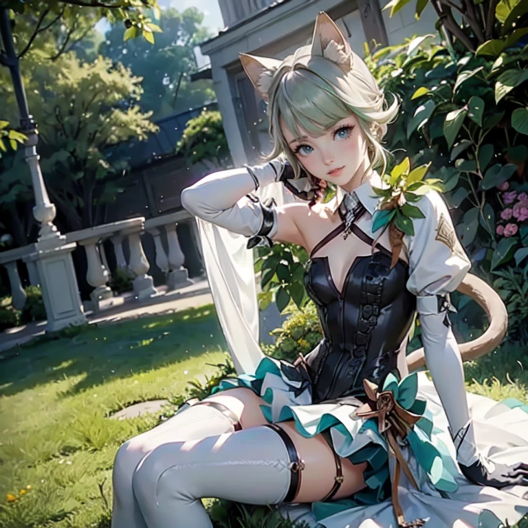 1girl, white maid dress, jewelry, green hair, flowing hair, long hair, white roses, firefly, oriental architecture, maid dress with a short skirt and layers, white laces, white boots, white dress with transparency, gold details on her clothes, cat ears, animal ears, outside, outdoor, seat on the water, meteor falling in the sky, white roses, grass flowers, more details, perfectly body, perfectly hands, two hands, two legs, two arms, five fingers, glowing hair, best quality, cat ears, animal ears, tail ornament, tail bow, white gloves, two cat tail, white gloves, alone, maid headdress, choker, garden scenery, detached sleeves, maid dress, maid white dress, strapless, masterpeice, best quality, detailed face, night, mobius (honkai impact), honkai (series), honkai impact 3rd, asymmetrical gloves, bangs, white short skirt , white gloves, white boots, earrings, elbow gloves, fishnet thighhighs, fishmasterpeice, solo, best quality, detailed face, gloves, green eyes, green hair, hair between eyes, jewelry, long hair, looking at viewer, single earring, sky, sleeveless, solo, thigh boots, thighhighs, tongue, tongue out, uneven gloves, sitting, cat ears, animal ears, cat tail, holding a ice cream