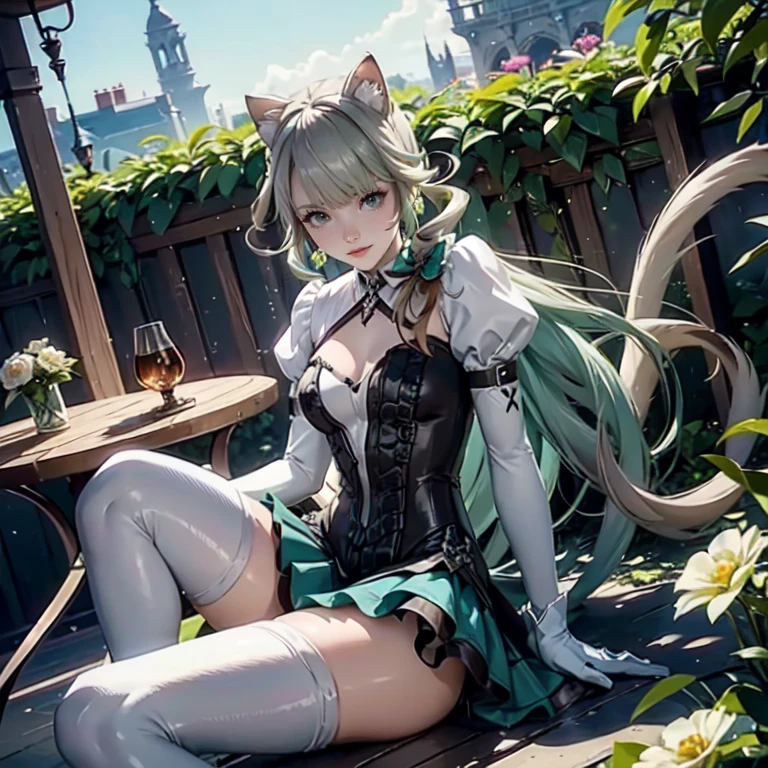 1girl, white maid dress, jewelry, green hair, flowing hair, long hair, white roses, firefly, oriental architecture, maid dress with a short skirt and layers, white laces, white boots, white dress with transparency, gold details on her clothes, cat ears, animal ears, outside, outdoor, seat on the water, meteor falling in the sky, white roses, grass flowers, more details, perfectly body, perfectly hands, two hands, two legs, two arms, five fingers, glowing hair, best quality, cat ears, animal ears, tail ornament, tail bow, white gloves, two cat tail, white gloves, alone, maid headdress, choker, garden scenery, detached sleeves, maid dress, maid white dress, strapless, masterpeice, best quality, detailed face, night, mobius (honkai impact), honkai (series), honkai impact 3rd, asymmetrical gloves, bangs, white short skirt , white gloves, white boots, earrings, elbow gloves, fishnet thighhighs, fishmasterpeice, solo, best quality, detailed face, gloves, green eyes, green hair, hair between eyes, jewelry, long hair, looking at viewer, single earring, sky, sleeveless, solo, thigh boots, thighhighs, tongue, tongue out, uneven gloves, sitting, cat ears, animal ears, cat tail, holding a ice cream