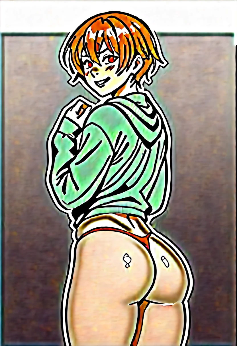 A man, femboy, clear skin, Slim and delicate body, Red hair, Red eyes, black sweatshirt, red string thong, huge ass, thick thighs, small penis, blushing, nervous expression, smile nervously, touching her butt, Alone,
