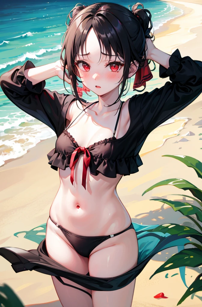 Bikini、Black Hair、Random pose、Red ribbon、Pale red eyes、Ocean、Sandy Beach、Blushing、Embarrassed expression、