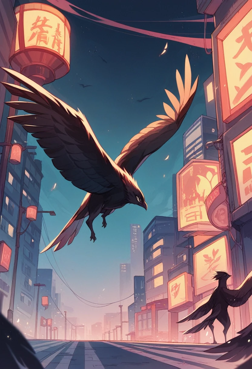 The image depicts a female angel floating above a city at night.。. The city lights shine golden、Create a dramatic atmosphere, Its delicate presence and black feathers contrast with the urban environment.。. Women seem protective and cautious,nude