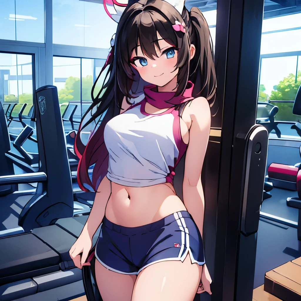 ((masterpiece)), ((best quality)), (ultra-detailed), anime style, a cute girl, 1girl, solo, gym shorts00, ((beautiful eyes)), smile