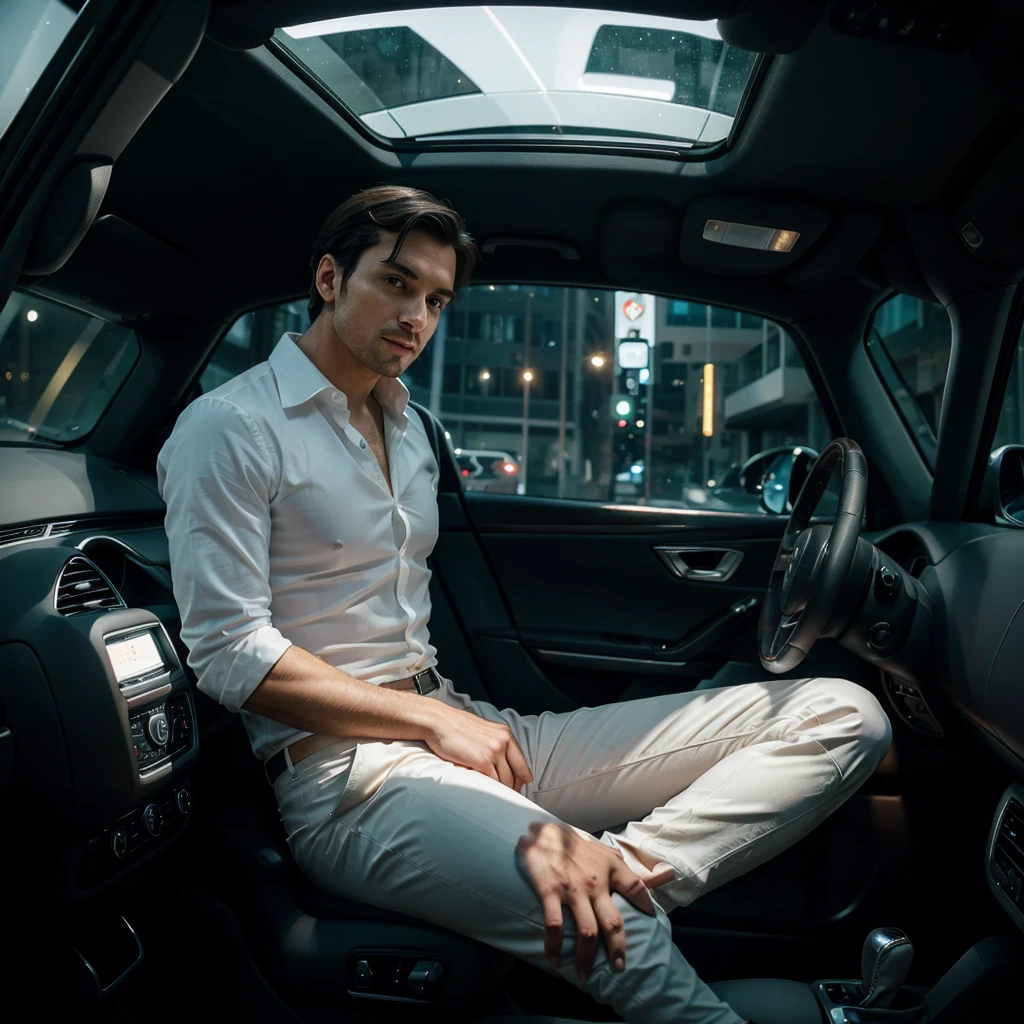 A sophisticated 30-year-old man, dressed sharply in a crisp white shirt, black pants, and polished black shoes, is sitting confidently in a sleek Porsche. The scene is set at night, illuminated by the soft glow of city lights, highlighting the luxurious interior of the car and the man's composed demeanor. The background hints at an upscale urban environment, adding to the overall aura of elegance and modernity.