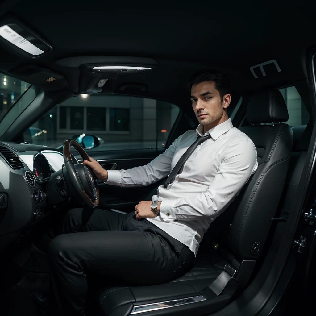 A sophisticated 30-year-old man, dressed sharply in a crisp white shirt, black pants, and polished black shoes, is sitting confidently in a sleek Porsche. The scene is set at night, illuminated by the soft glow of city lights, highlighting the luxurious interior of the car and the man's composed demeanor. The background hints at an upscale urban environment, adding to the overall aura of elegance and modernity.