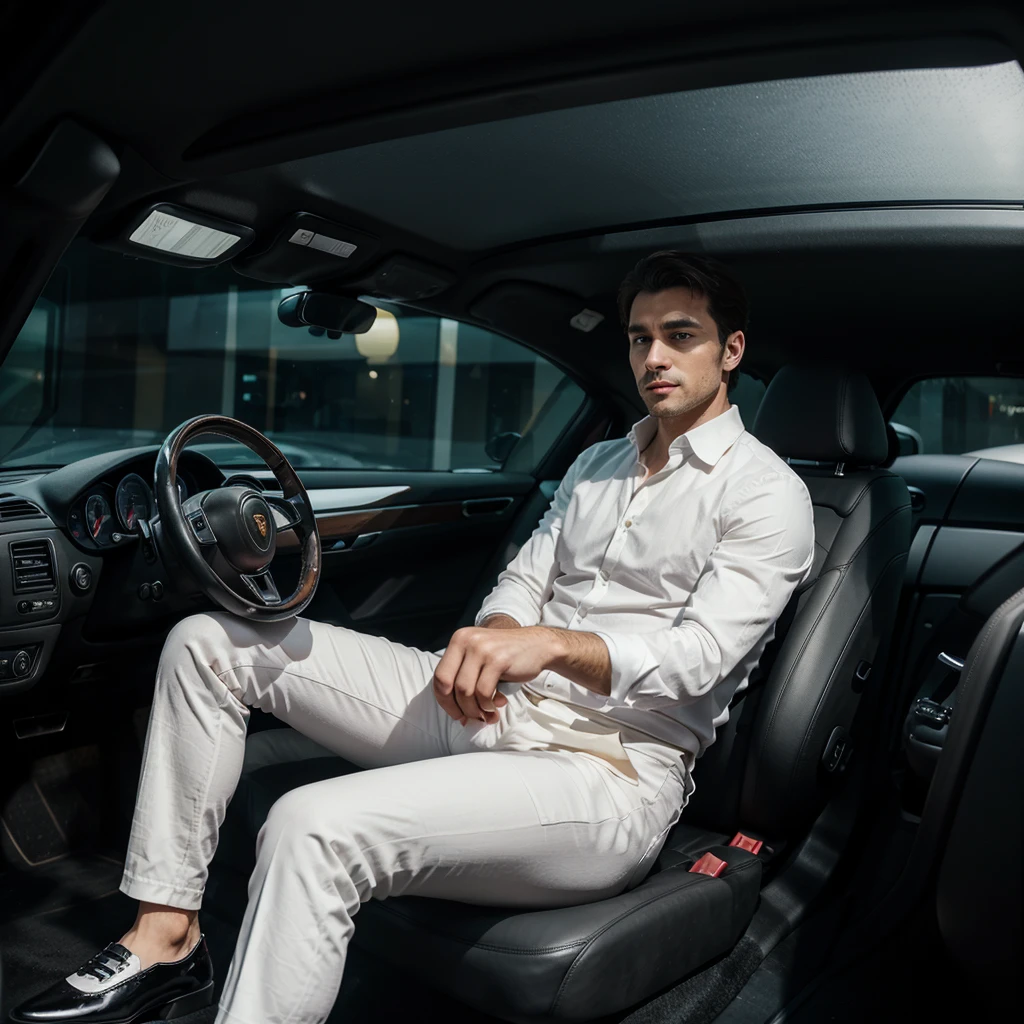 A sophisticated 30-year-old man, dressed sharply in a crisp white shirt, black pants, and polished black shoes, is sitting confidently in a sleek Porsche. The scene is set at night, illuminated by the soft glow of city lights, highlighting the luxurious interior of the car and the man's composed demeanor. The background hints at an upscale urban environment, adding to the overall aura of elegance and modernity.