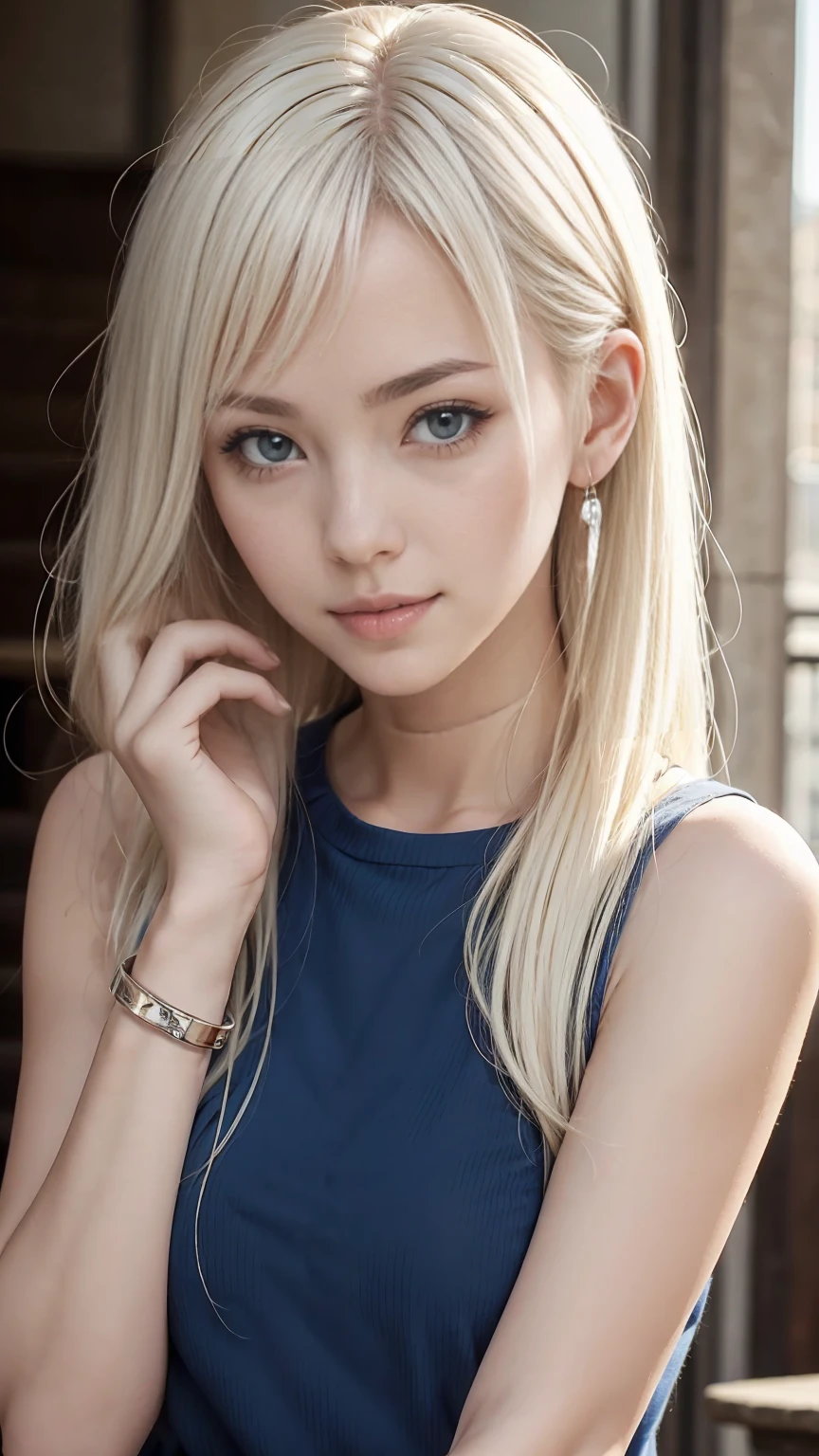 22 year old white woman、Hair color is platinum blonde、Blue eyes、wide、Straight hair、accessories on the wrist、I&#39;I&#39;m wearing a choker、the skin is soft、SMILE、Slim but muscular body.、my heart is beating、SMILE、wearing a skater dress、wearing red heels、I&#39;I&#39;m sitting on a stone staircase in the city., resting my chin on my chin.