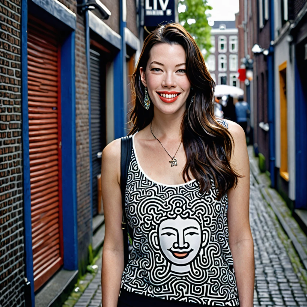 Create a photo of a beautiful face young smiling Japanese Woman holding a bag, detailed face, (Liv Tyler: 1.3), she is dressed in a beautiful Keith Haring graphical Top Tank and A matching Sarong, looking at the viewer, close up, in the Alleyway of Amsterdam , photo-realistic, Film light, Hyper detailed, Hyper realistic,  atmospheric,  High resolution, 8k, HDR, 500px, FUJIFILM