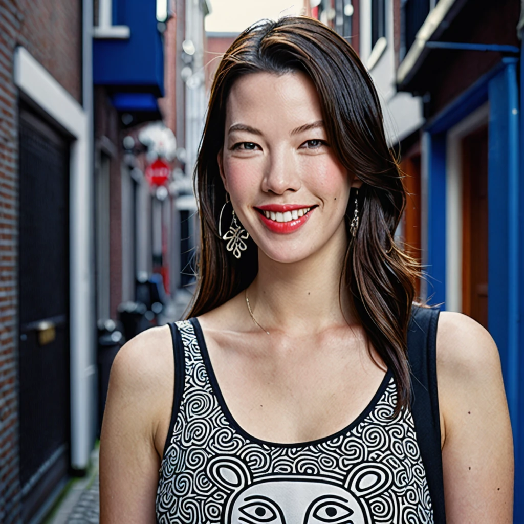 Create a photo of a beautiful face young smiling Japanese Woman holding a bag, detailed face, (Liv Tyler: 1.3), she is dressed in a beautiful Keith Haring graphical Top Tank and A matching Sarong, looking at the viewer, close up, in the Alleyway of Amsterdam , photo-realistic, Film light, Hyper detailed, Hyper realistic,  atmospheric,  High resolution, 8k, HDR, 500px, FUJIFILM