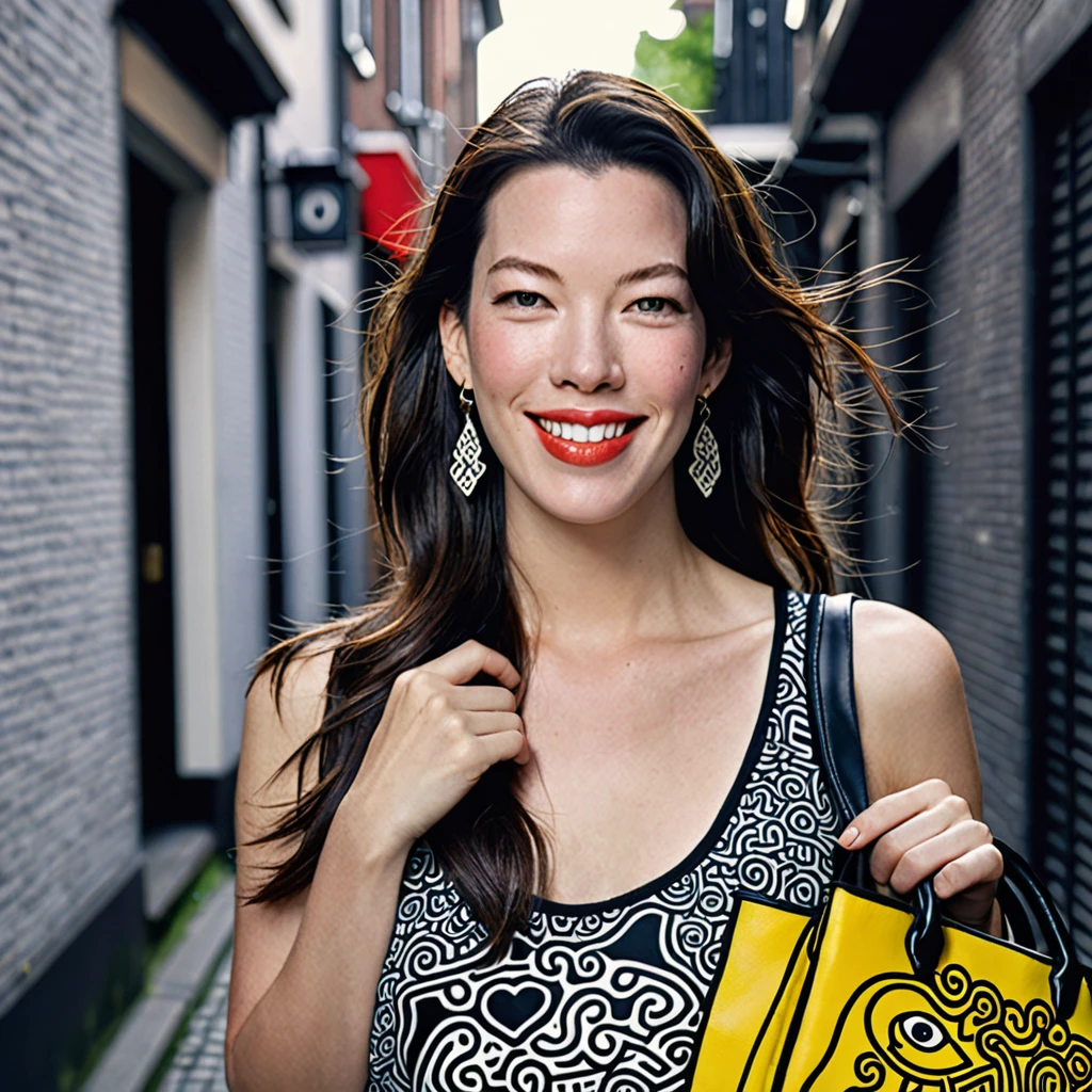 Create a photo of a beautiful face young smiling Japanese Woman holding a bag, detailed face, (Liv Tyler: 1.3), she is dressed in a beautiful Keith Haring graphical Top Tank and A matching Sarong, looking at the viewer, close up, in the Alleyway of Amsterdam , photo-realistic, Film light, Hyper detailed, Hyper realistic,  atmospheric,  High resolution, 8k, HDR, 500px, FUJIFILM