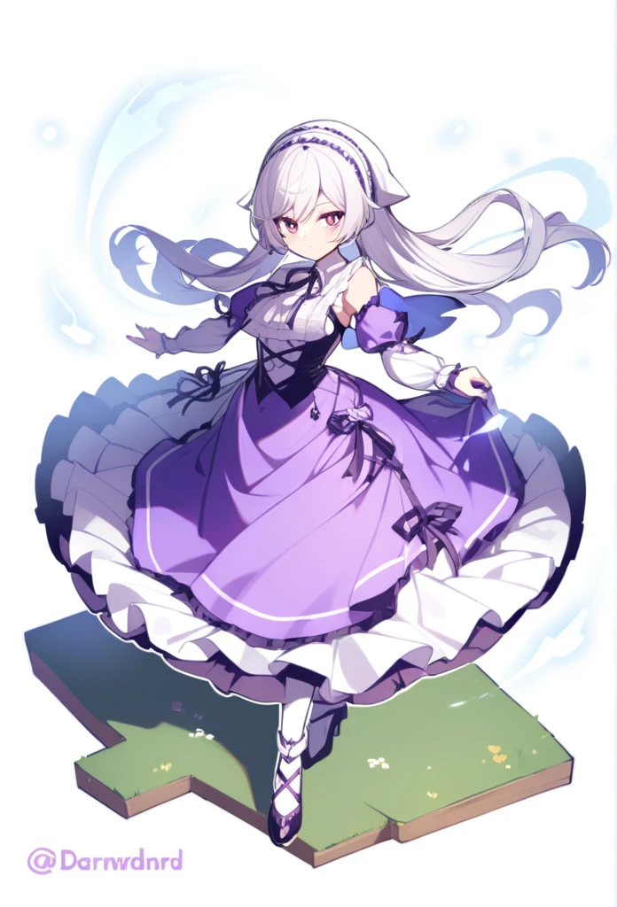 A girl with short purple and white hair and a purple dress