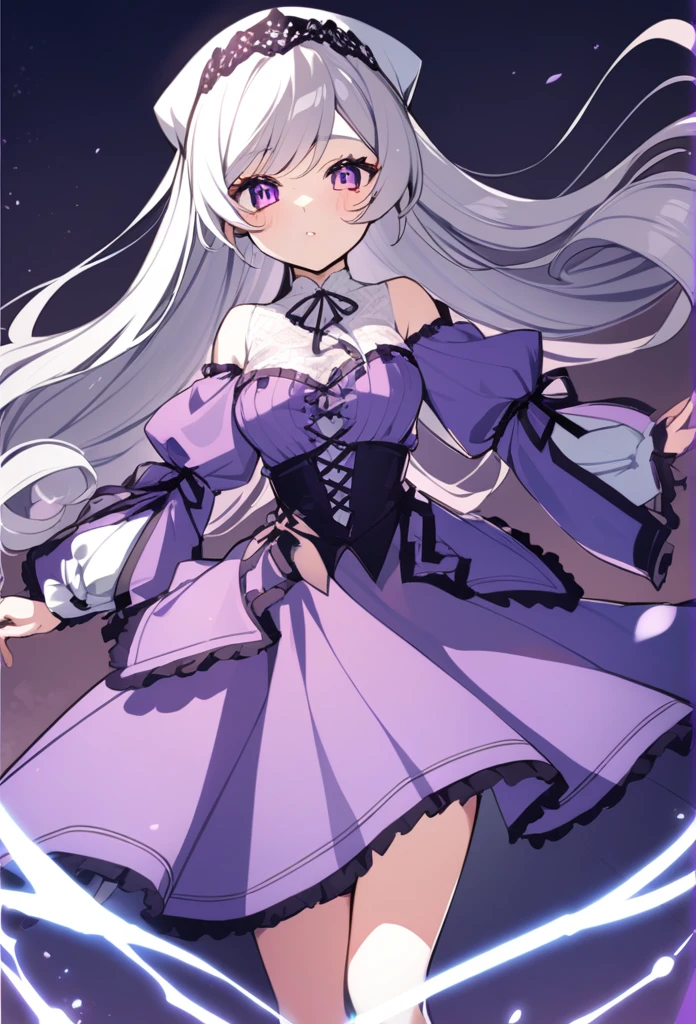 A girl with short purple and white hair and a purple dress