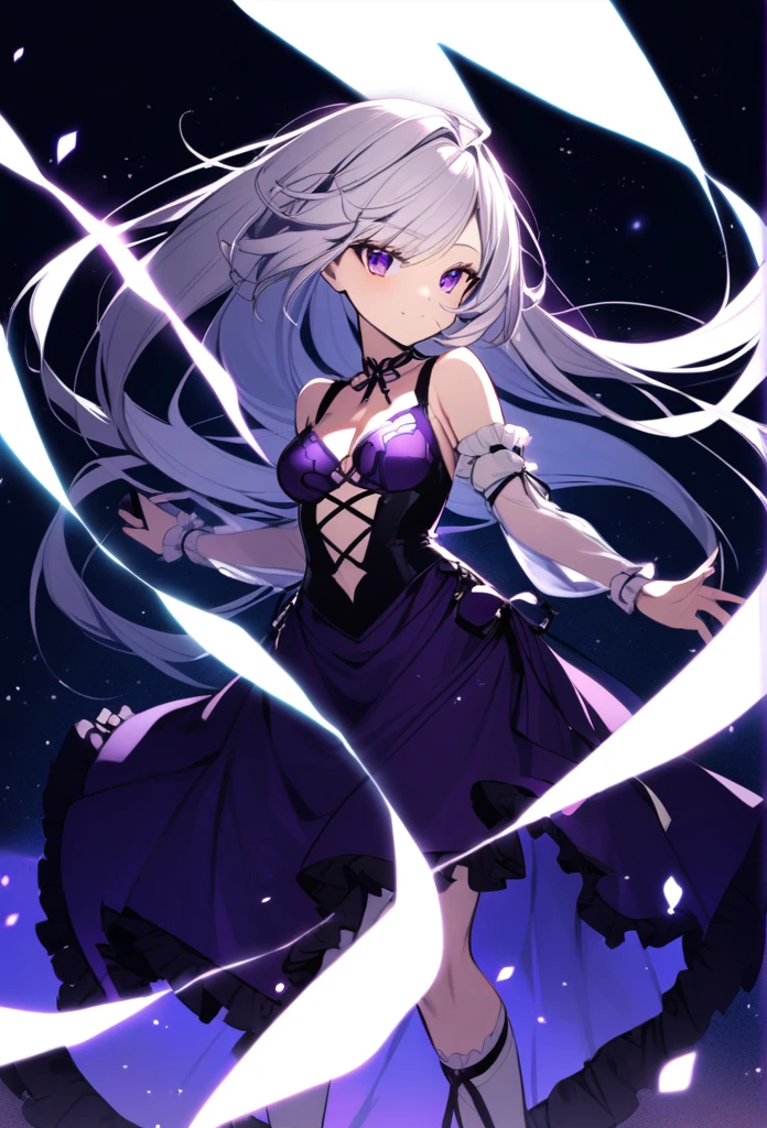 A girl with short purple and white hair and a purple dress