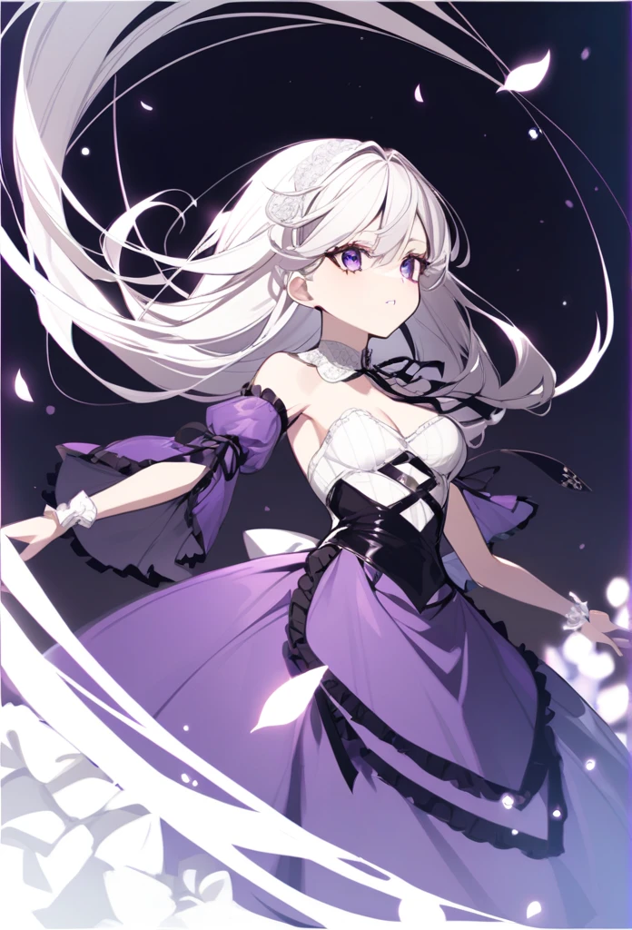 A girl with short purple and white hair and a purple dress