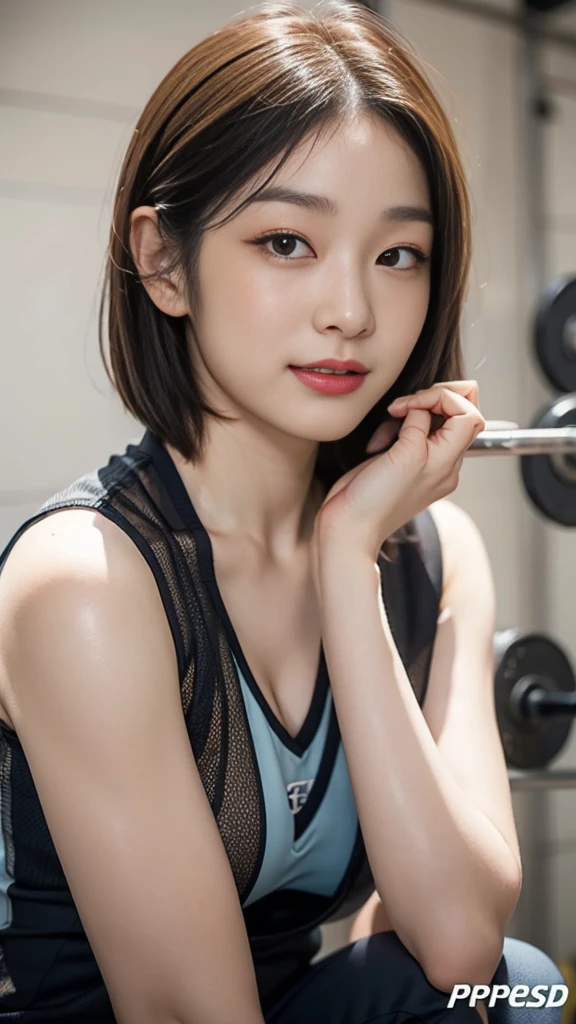 Highly detailed CG unity 8k wallpaper, of the highest quality, Super detailed, masutepiece, Realistic, photographrealistic, extremely detailed cute girl, 25yo, cleavage , (perspired) , Round eyes, peeping at the viewer, Blush, Smile, parted lip, Semi-body shot , Realistic、track suit、Realistic reproduction with vests , Panties , Squat, sports gym, short hair