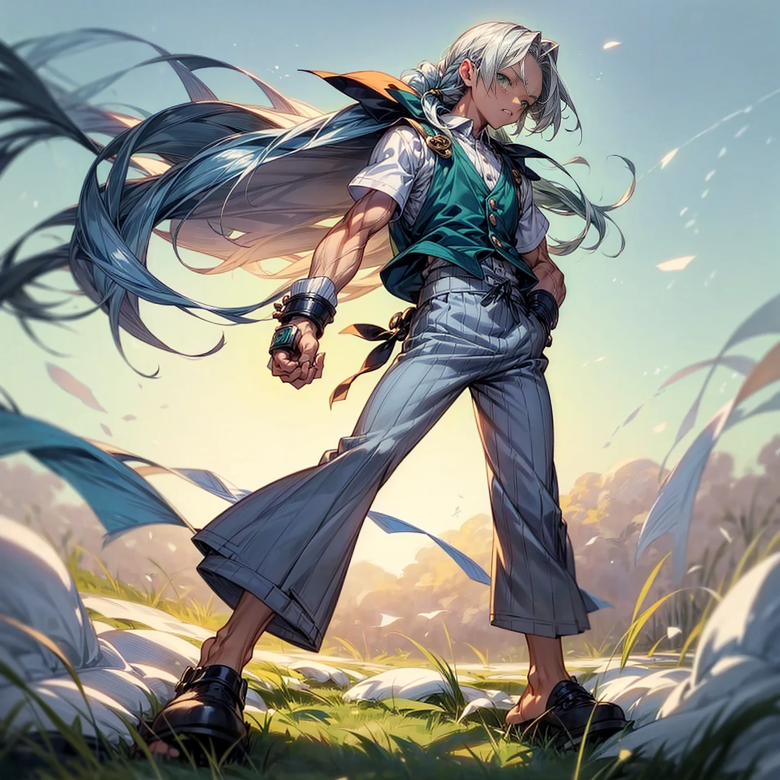 1litttle boy, Full body version, 1character, green eyes color, milk skin, long hairstyle, silver colour hair, muscle, pajama vest clothing, pegged pants, bare knuckle in two hand, Grassroots background in field snow, motion blur, (one piece style artist)