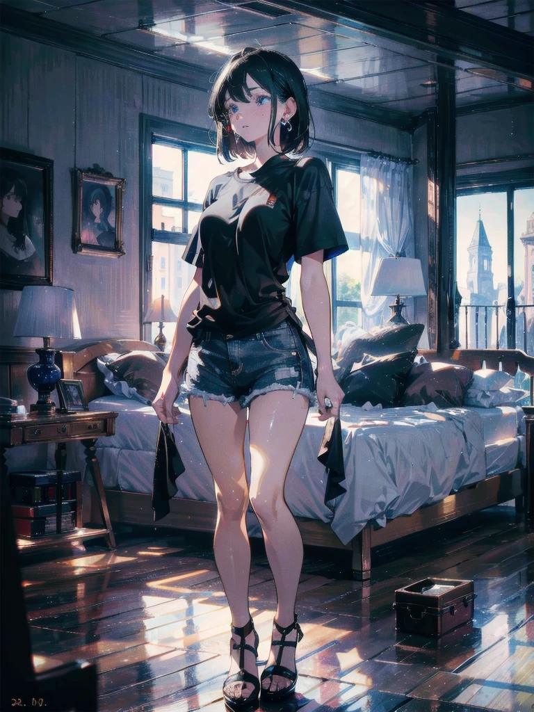 absurdres, RAW photo, extremely delicate and beautiful, masterpiece, Best Quality, ultra high resolution, 32k, hyperrealistic, ultra-detailed, in her 20s, delicate facial features, beautiful detailed girl, tearful mole, earring, medium breasts, full body shot, shorter middle hair, black hair, t-shirt in small shorts,