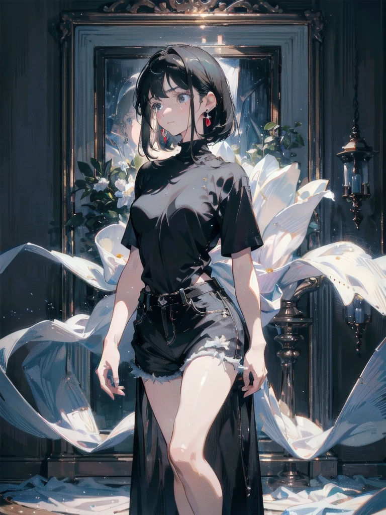 absurdres, RAW photo, extremely delicate and beautiful, masterpiece, Best Quality, ultra high resolution, 32k, hyperrealistic, ultra-detailed, in her 20s, delicate facial features, beautiful detailed girl, tearful mole, earring, medium breasts, full body shot, shorter middle hair, black hair, t-shirt in small shorts,