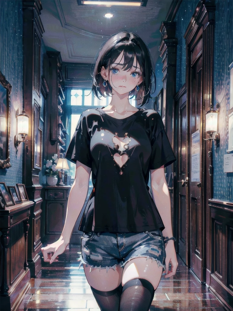 absurdres, RAW photo, extremely delicate and beautiful, masterpiece, Best Quality, ultra high resolution, 32k, hyperrealistic, ultra-detailed, in her 20s, delicate facial features, beautiful detailed girl, tearful mole, earring, medium breasts, full body shot, shorter middle hair, black hair, t-shirt in small shorts,