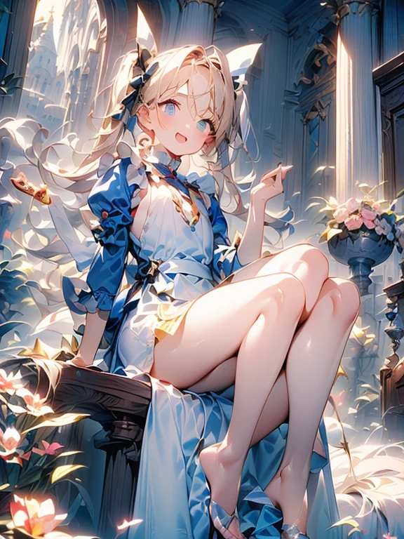 (perky chest:1.2), (pointed chest:1.2),(((Black Tunic:1.3))),(((cakes and bread in the basket),Cute and beautiful girl,Cute round face,Cute smile,with blush cheeks,Red Lip,a girl 22 years old, nsfw:1.2, beautiful body:1.3), shinny skin, BREAK, ((alice in the wonderland:1.3, cute, kawaii, lovely, funny, a girl falling down from sky:1.3, girl flying in sky:1.2, girl floating in air:1.3, rolling  by wind:1.5, (with sparkling eyes and a contagious smile),open mouth, Looking at Viewer, surprised, putting hands on crotch over the skirts:1.35)), BREAK, ((floating things as follows:1.3, PlayingCards, Trump, tea cup, tea pot, tea spoons, pocket watch:1.3, lip sticks, candies:1.2, cookies, jam bottles, classical door_keys)), ((long purply_Blue dress :1.5, wearing long flaired skirt:1.3, the skirt is blowing:1.3, cute White Apron, black stockingedium long platinum-blonde hair:1.2, twin tail hair:1.6, tied hair with a large ribbon), (Blue eyes, bright pupils with highlights, detailed eyes), (lying down on your back:0.7, spreading legs with rising up straight:0.7), sexy pore, fantastic colorful art, (fantasy art:1.2, wondered images), ((correct anatomy:1.5, perfect anatomy:1.3, correct hand, small foot:1.2)), 