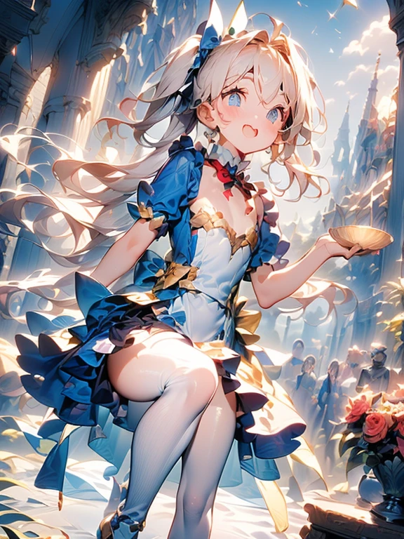 (perky chest:1.2), (pointed chest:1.2),(((Black Tunic:1.3))),(((cakes and bread in the basket),Cute and beautiful girl,Cute round face,Cute smile,with blush cheeks,Red Lip,a girl 22 years old, nsfw:1.2, beautiful body:1.3), shinny skin, BREAK, ((alice in the wonderland:1.3, cute, kawaii, lovely, funny, a girl falling down from sky:1.3, girl flying in sky:1.2, girl floating in air:1.3, rolling upskirt by wind:1.5, (with sparkling eyes and a contagious smile),open mouth, Looking at Viewer, surprised, putting hands on crotch over the skirts:1.35)), BREAK, ((floating things as follows:1.3, PlayingCards, Trump, tea cup, tea pot, tea spoons, pocket watch:1.3, lip sticks, candies:1.2, cookies, jam bottles, classical door_keys)), ((long purply_Blue dress :1.5, wearing long flaired skirt:1.3, the skirt is blowing:1.3, cute White Apron, black stockingedium long platinum-blonde hair:1.2, twin tail hair:1.6, tied hair with a large ribbon), (Blue eyes, bright pupils with highlights, detailed eyes), (lying down on your back:0.7, spreading legs with rising up straight:0.7), sexy posture, fantastic colorful art, (fantasy art:1.2, wondered images), ((correct anatomy:1.5, perfect anatomy:1.3, correct hand, small foot:1.2)),