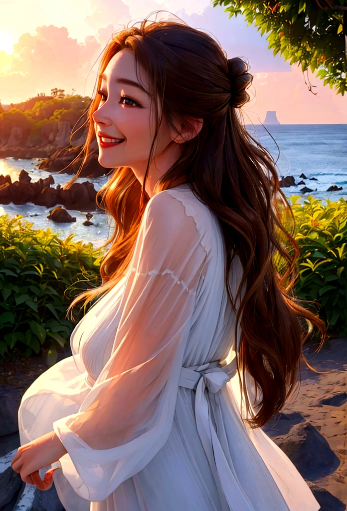 (Surrealistic style, full body shot from the side), (Woman 1_Pretty face and delicate features, eye smile and happy smile, long brown hair, bushy hair), (Beauty_Clear white skin), Jeju Island at sunset, traveling alone, ​​White dress, breeze, fragrant midsummer, nature, (highest quality, 4k, 8k, high definition, masterpiece: 1.2), ultra detail, (realistic, photorealistic, photorealistic: 1.37), HDR, UHD, studio lighting, sharp focus , Physically Based Rendering, High Detail, Professional, Vivid Colors, Bokeh, Portrait