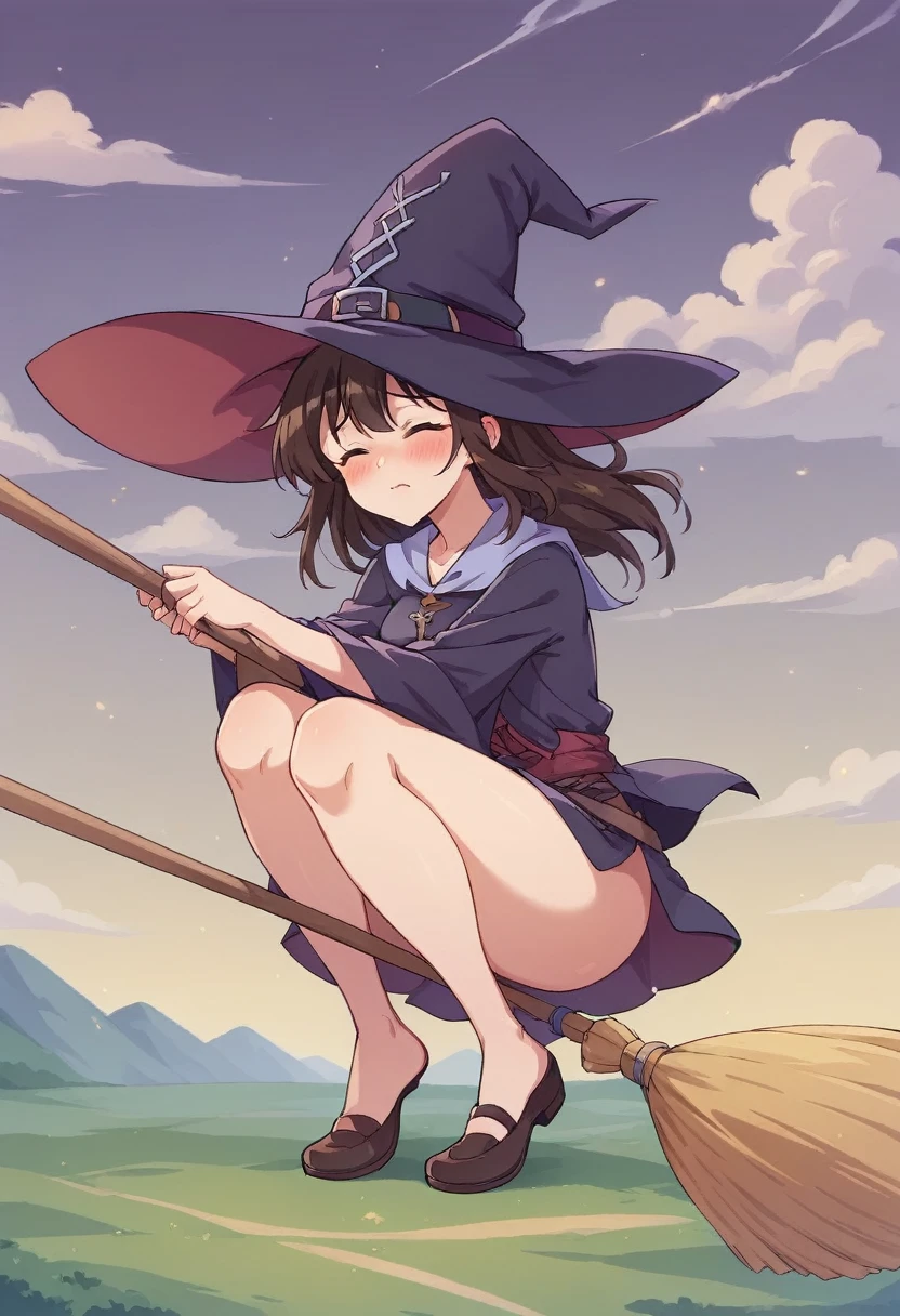 ((((空を飛ぶwitch))),((Ride a broom)),Straddling a broom,Fantasy,Beautiful light and shadow,Anatomically correct,masterpiece,Highest quality,最高masterpiece,8K,Use of magic,witch:witchの帽子:witchの衣装:Familiar,Wind,Fantasy,wonderful,An illustration,Digital Art,wonderful,wonderful,カラーAn illustration,Rich colors,Blushing,Eyes closed,Mouth closed,Holding the end of the broom tightly with both hands,slightly squatting,Both feet are on the ground,Both feet are wearing shoes, One broom handle