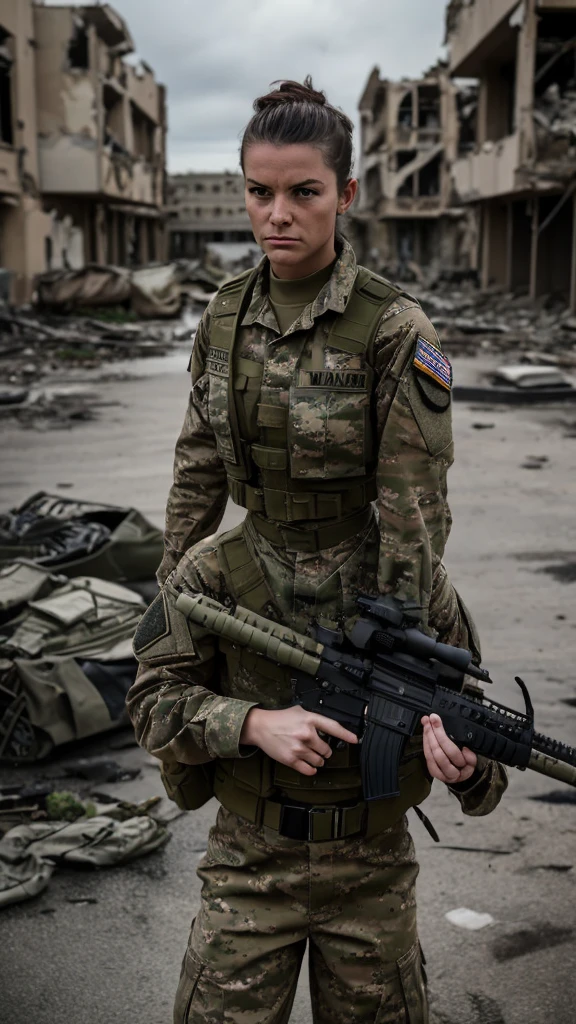 a military female soldier, tactical gear, assault rifle, camouflage uniform, serious expression, strong pose, war-torn environment, ruined buildings, cloudy sky, cinematic lighting, moody atmosphere, highly detailed, photorealistic, 8k, masterpiece