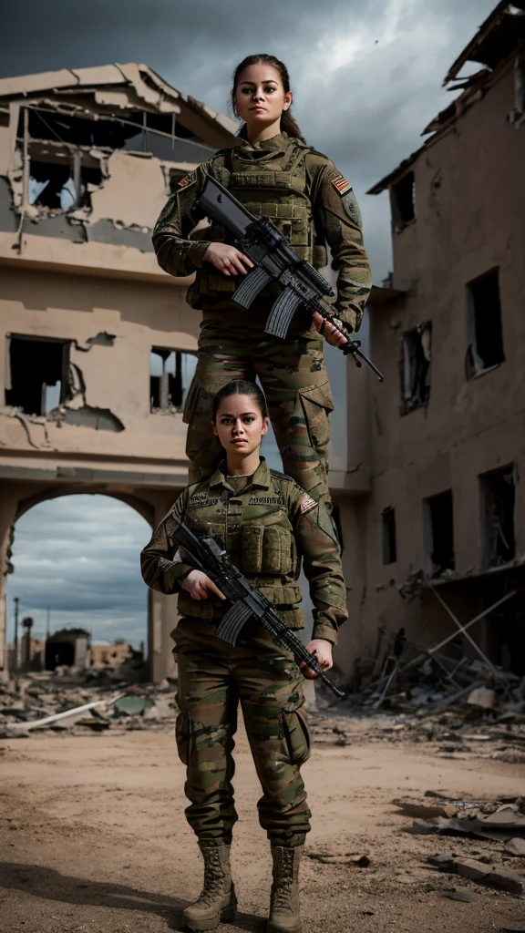 a military female soldier, tactical gear, assault rifle, camouflage uniform, serious expression, strong pose, war-torn environment, ruined buildings, cloudy sky, cinematic lighting, moody atmosphere, highly detailed, photorealistic, 8k, masterpiece
