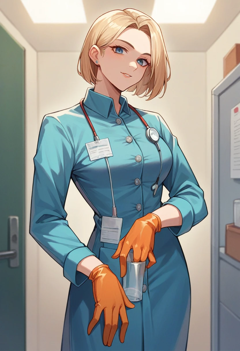 1girl, light hair ((orange gloves)), ((surgical gloves)), ((latex gloves)), ((long sleeves)) ((blue surgeon outfit)), looking at viewer, ((doctor)), standing, solo
