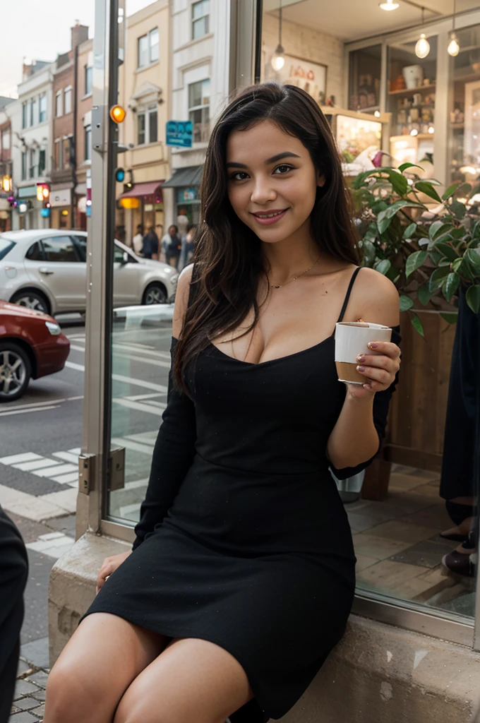 A young girl in a red dress, sitting in a cozy café, holding a cup of hot tea in her hands. Her long, black hair falls freely over her shoulders, and her ample bosom is accentuated by the elegant line of the dress. She gazes through a large window, behind which the bustling street can be seen. A wide, warm smile graces her face, adding to her charm and making her look relaxed and happy. Remove cars from the street in the back ground. Make an evening outside. No cars.