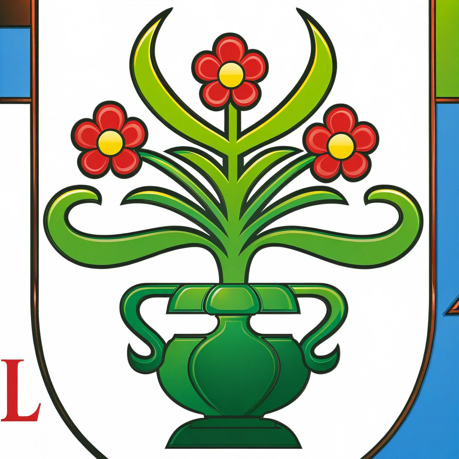 there is a green vase with red flowers on it on a white sign, hoog detail, family crest, closeup of arms, emblem, graphic detail, digital image, coat of arms, heraldry, herb, added detail, random detail, full color digital illustration, in detail, full color illustration, detailed digital illustration, banner, illustrated logo, powerful detail