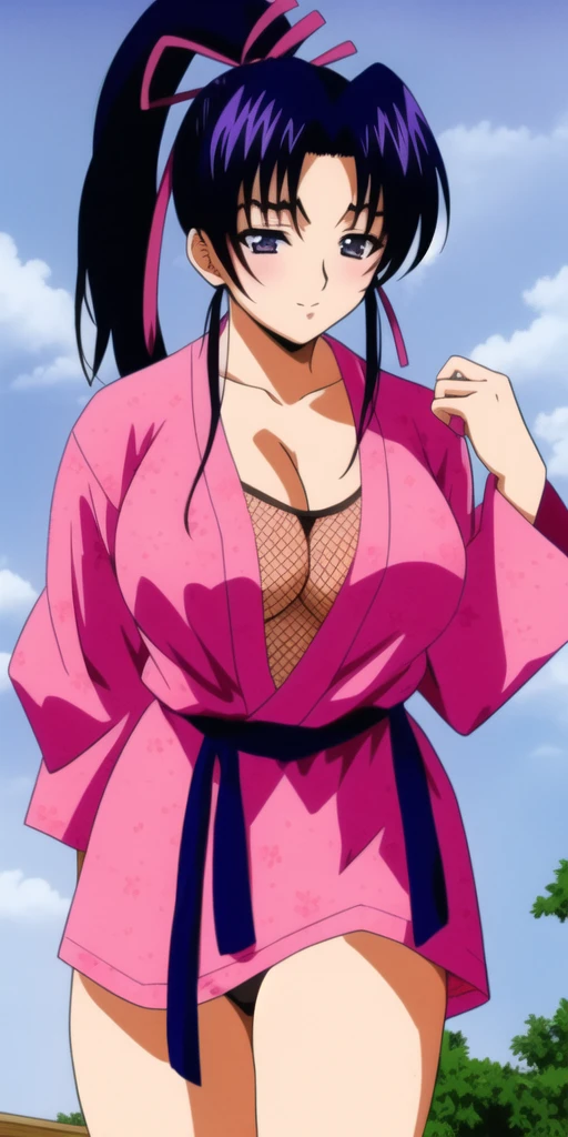 Kousaka_shigure, ponytail, big_chest, Are standing, alone, Shigure Pink Costume, masterpiece, Highest quality, Detailed face, Fine grain, High resolution,nsfw,Half naked,Nipples,Cowboy Shot