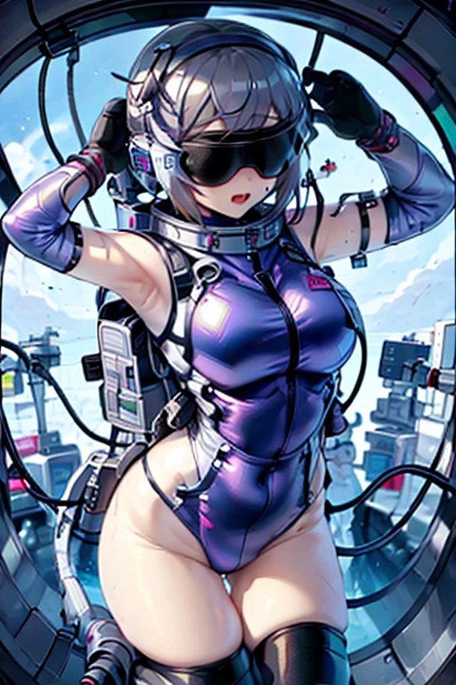 1 Girl, whole body, (space helmet):10,He has a large metal helmet on his head that covers his hair and eyes., tube, wire, She gets electrocuted, brainwashing,astrovest,bing_astronaut,blush,torogao,